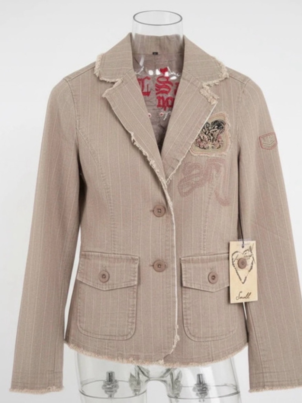 Love Stitch Beige Frayed-Trim Pinstripe Blazer